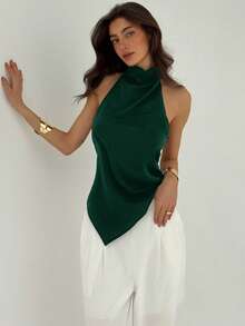 Aloruh Women's Sexy Solid Color Backless Halter Top, Summer - Dark Green - View 4