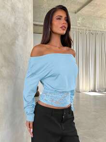 Aloruh Áo thun trễ vai phối ren màu trơn thanh lịch - Màu xanh nhạt - Xem 3