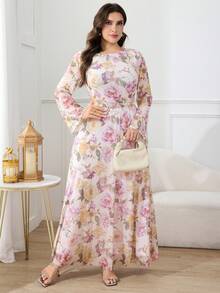 Modelyn Đầm dài tay phồng dáng suông cổ tròn họa tiết hoa vintage dành cho nữ cỡ lớn, chất liệu chiffon, thích hợp dự tiệc, cưới, dạ hội, dạ tiệc. - Nhiều màu - Xem 5