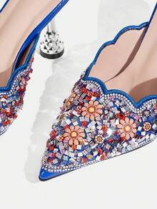 CUCCOO TILAWA Women's Fashion Party Pointed Toe Stiletto Heel Rhinestone Pumps Valentine's Day - Blue - View 5