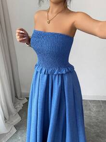 SHEIN Elenzya 优雅荷叶边下摆A字连衣裙，牛仔布质感面料，浪漫精致 - 中等水洗藍 - 查看 6
