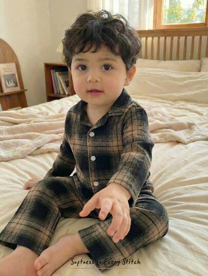Cozy Pixies 2pcs Baby Boy Plaid Lapel Long Sleeve Cardigan Top And Elastic Waist Pants Set, Thermal Lined, Suitable For Winter, Casual Wear Baby Boys Outfit Baby Boy Pajama Cotton Pajama Set Boy Checkered Baby Boy Clothes Baby Boy Clothes Suit Toddler Boy Pajama Toddler Boy Clothes Suit