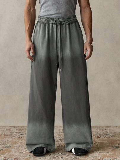 SWAVVY Men's Standard Size Black Washed Casual Loose Wide Leg Pants, Spring/Autumn