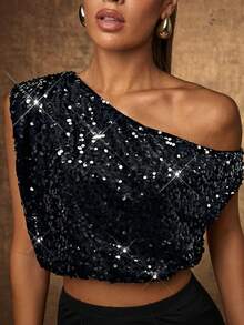 Hauture Blusa con un hombro, con pliegues y lentejuelas, para salir de noche - Negro - Ver 4