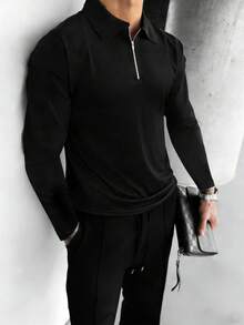 Manfinity Homme Bộ đồ nam gồm áo polo dài tay màu trơn và quần ống rộng có dây rút. - màu đen - Xem 3