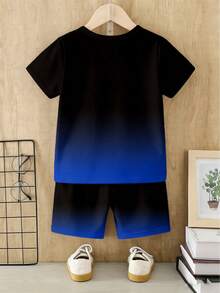 2pcs/Set Toddler Boys' Casual Creative Gradient Letter Graphic Print Short Sleeve T-Shirt And Shorts Set, Comfortable Daily Wear, Suitable For Spring, Summer And Autumn Kids Summer Sets Boy Boy Casual Sets Boy Short Sets Kids Summer Outfits - Multicolor - View 2