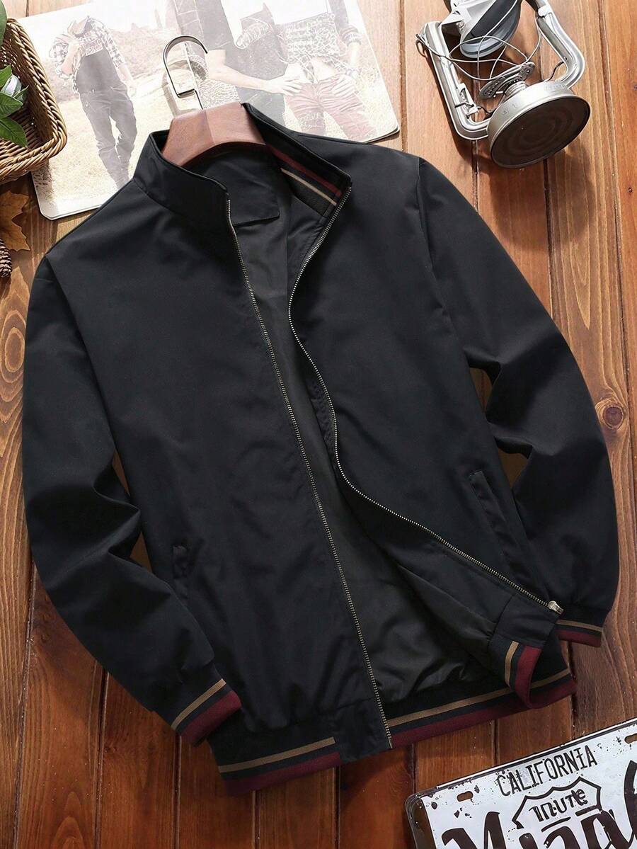 Manfinity Homme Men's Casual Versatile Daily Outdoor Windbreaker Long Sleeve Jacket, Autumn - Black - View 1