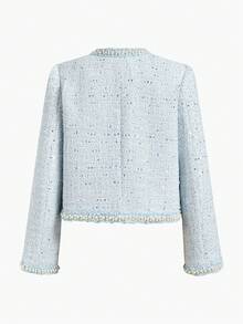 MOTF PREMIUM WOMEN'S BOXY TWEED SHORT JACKET - Blue and White - View 2