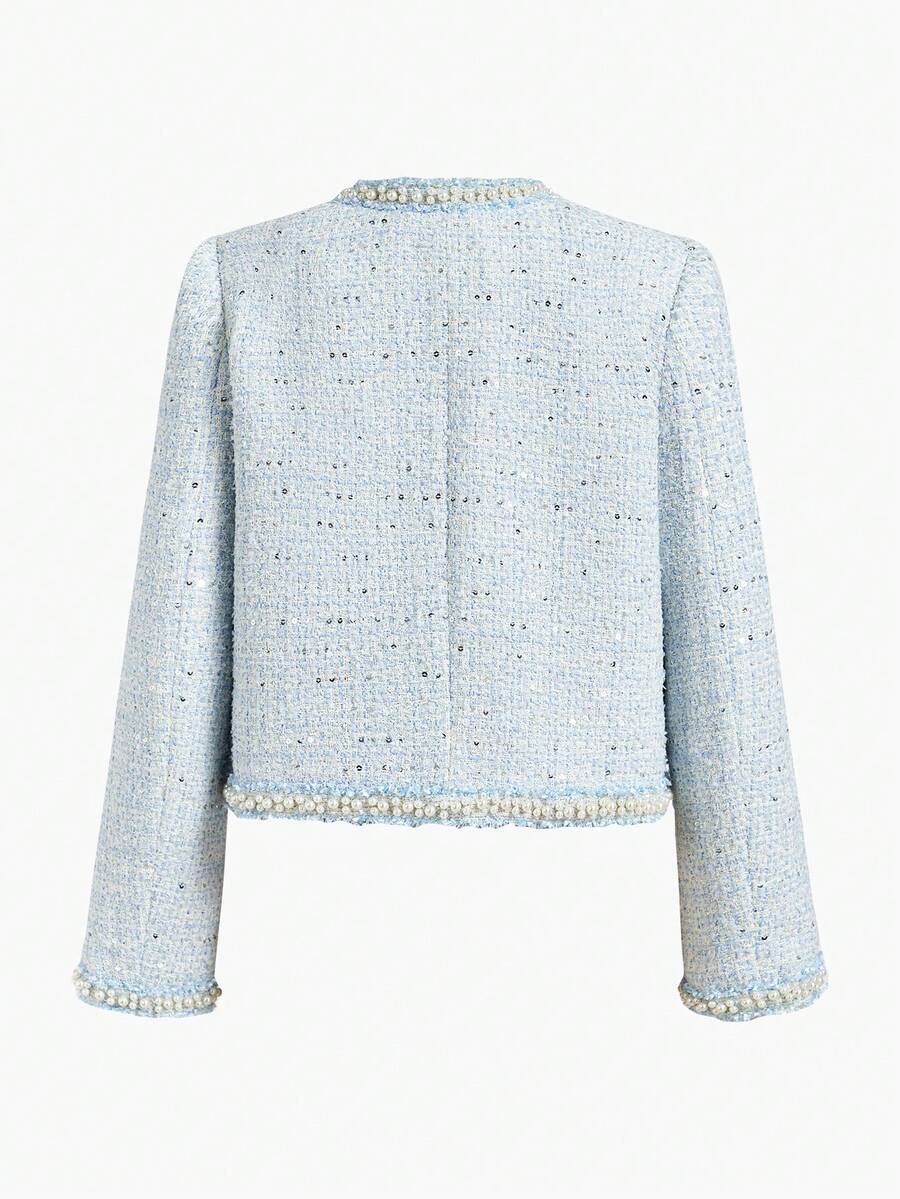 MOTF PREMIUM WOMEN'S BOXY TWEED SHORT JACKET - Blue and White - View 2