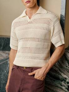 RONVEXI Men's Solid Color Hollow Out Casual Polo Collar Short Sleeve Knit Top Mens Crochet Shirt Fishnet Shirt Men Open Knit Shirt Men Mens Summer Tops V-Neck Sweater Short Sleeve Mens V Neck Sweater Short Sleeve Mens - Apricot - View 6