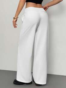 SHEIN Tall 舒适休闲纯色针织低腰阔腿女式运动裤 - 白色 - 查看 2