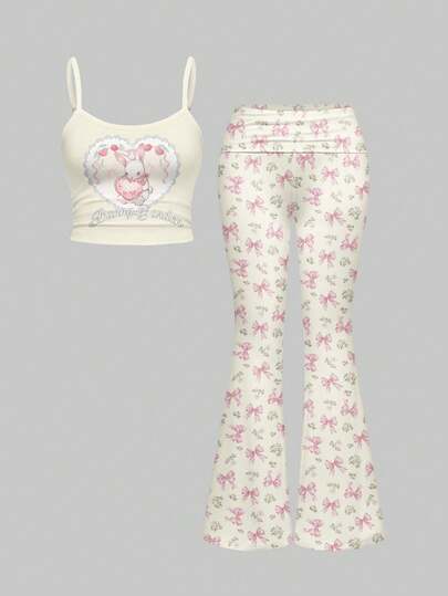 Kawaii Completo da donna composto da canotta sexy con fiocco a forma di cuore e coniglietto, e pantaloni a vita bassa a zampa d'elefante, set di 2 pezzi, dolce e carino