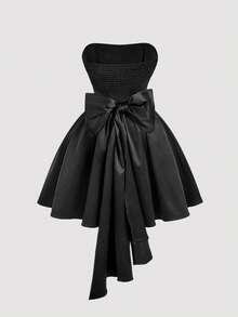 SHEIN MOD Đầm ống cỡ lớn màu trơn, thân áo xếp ly phía trước, gấu váy xòe. - màu đen - Xem 7