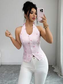 SHEIN Elenzya Áo tank top không tay ôm sát in họa tiết nơ và sọc dành cho nữ - Hồng - Xem 10