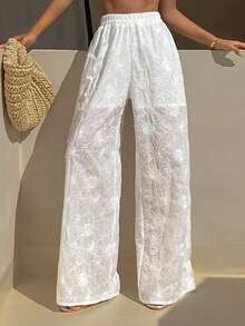 Livesso Pantalones casuales de mujer con cordón en la cintura, unicolor, bordados, estilo boho para vacaciones - Blanco - Ver 3
