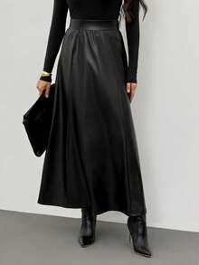 SHEIN Tall 女士优雅长款PU皮裙，秋冬仿皮裙不对称裙 - 黑色 - 查看 6