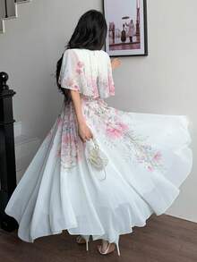 Modelyn V-Neck Poncho Design Waist Cinched Flared Chiffon Printed Dress For Women - Multicolor - View 2