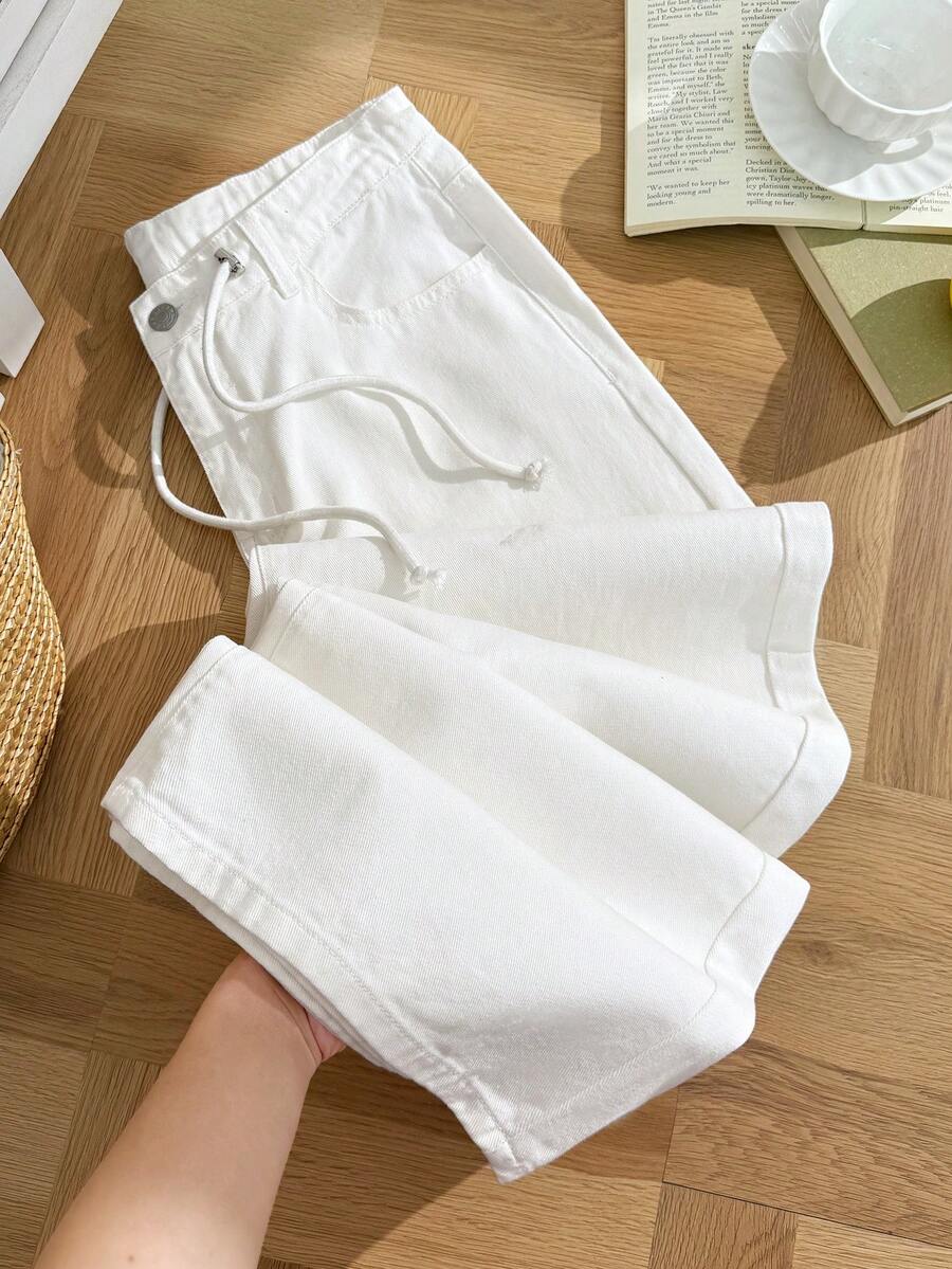 Comfortcana 女士休闲纯色抽绳腰牛仔裤 夏季春季女士沙滩裤 生日礼物 度假礼物 女士休闲牛仔裤 Y2K 白色裤子 女士白色阔腿牛仔裤 高腰宽松休闲牛仔裤 - 白色 - 查看 1