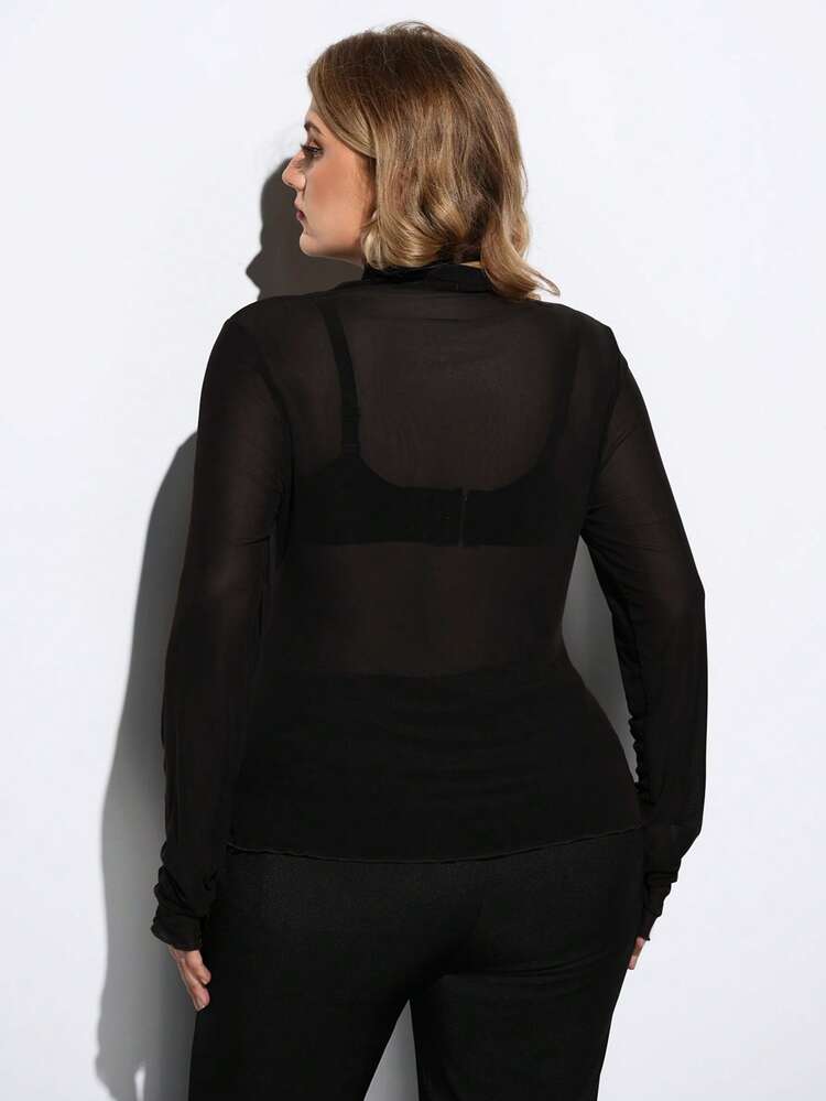 SHEIN Maija Plus Size Women High Neck Long Sleeve Fitted Sheer Top, Urban Commute Business Casual Basic Top, Black See Through Top