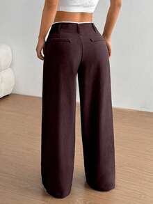 SHEIN Unity Nuevos pantalones rectos de cintura alta con diseño de empalme versátil para ir al trabajo, de color burdeos, que estilizan la figura de las mujeres - Rojo - Ver 2