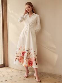 MOTF PREMIUM WOMEN'S ELEGANT TWIST FLORAL PRINT SHIRT DRESS - Pearl White - View 6