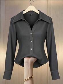 Franclia Women's Elegant Dark Gray Shirt Collar Long Sleeve Blouse,Casual Autumn Winter Tops For Office Business Daily Wear,Christmas New Year Thanksgiving Top - Dark Grey - View 1