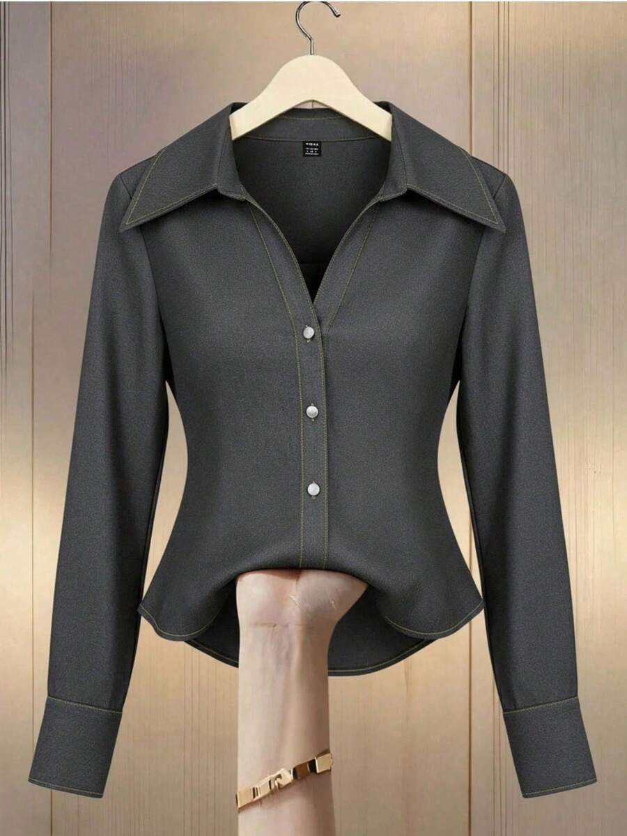 Franclia Women's Elegant Dark Gray Shirt Collar Long Sleeve Blouse,Casual Autumn Winter Tops For Office Business Daily Wear,Christmas New Year Thanksgiving Top - Dark Grey - View 1