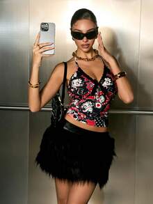 Betty Boop x SHEIN Top cropped de alcinha com estampa contrastante de renda para o verão feminino. Ideal para aniversários, baladas em Las Vegas, noites em Havana e noites de cassino. - Multicolorido - Ver 6
