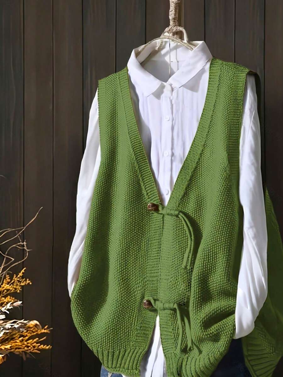 EMERY ROSE 2026 Plus Size Women's Fashionable Casual Minimalist Versatile V-Neck Green Button Twist Knit Cardigan Perfect For Everyday Wear - Green - View 1