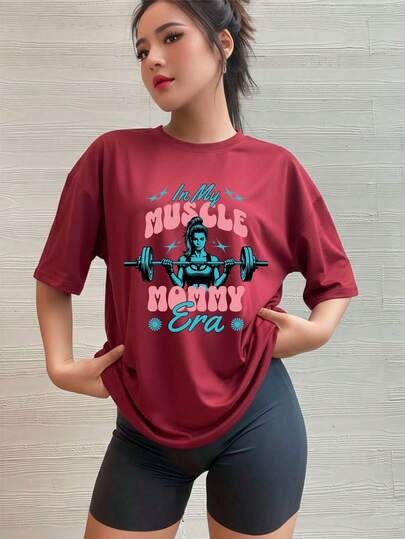 Mujer camiseta deportiva motivacional ilustración divertida ajuste holgado primavera verano gimnasio entrenamiento T-sh irt