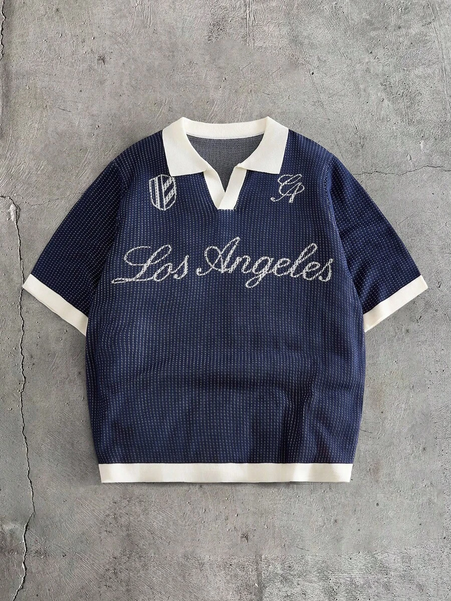 AXEPEAK 男士撞色滚边字母图案休闲短袖毛衣 - 藍色 - 查看 1