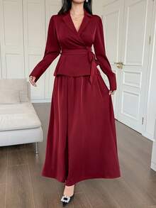 DAZY Spring & Summer Elegant Twist Knot Cross Front Top And Skirt Set, Casual, Work, Wedding, Red Color, Luxury Old Money Style - Burgundy - View 3