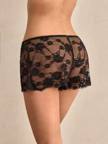 Charlaine Bragas elegantes de estilo francés romántico para mujer, con encaje negro y parches transparentes, de talle bajo, adecuadas para vacaciones, hogar y uso diario - Negro - Ver 3