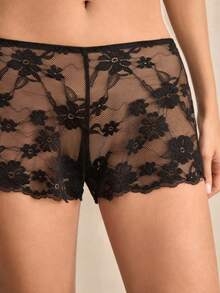 Charlaine Bragas elegantes de estilo francés romántico para mujer, con encaje negro y parches transparentes, de talle bajo, adecuadas para vacaciones, hogar y uso diario - Negro - Ver 6