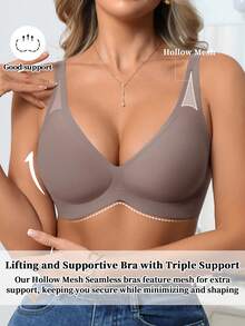 DesireSculpt 1件装女士无缝无钢圈V领文胸，支撑性柔软凝胶衬垫舒适纯色网眼镂空文胸 - 淺灰紫 - 查看 4