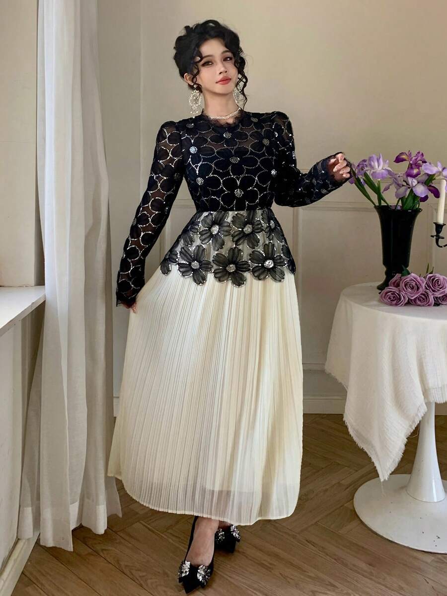 DAZY Đầm organza họa tiết hoa mùa xuân & hè, đính hoa 3D, đá và sequin, thanh lịch cho ngày Valentine, đám cưới, tiệc tùng, dịp trang trọng, dáng ôm, đầm midi xếp ly phối lưới xuyên thấu màu đen trắng, đầm dự tiệc cưới ngày Valentine. - màu đen - Xem 1