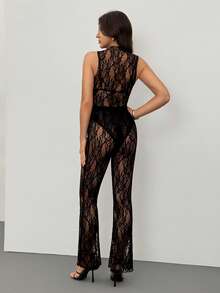SHEIN Tall Lace Long Sleeve Sheer Jumpsuit With Sheer Pants Set - Black - View 2