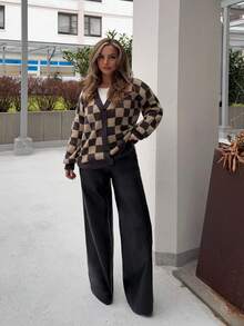 Jeta Ari 女款棋盘格图案针织开衫，长袖上衣，秋季格子服装 - 棕色 - 查看 5