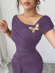 Modelyn Metallic Buckle Decor Ruched Fitted Elegant Long Dress For Women - Purple - View 2