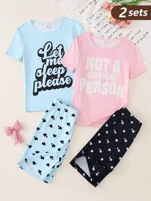 4pcs/Set Teenage Girls Pink Letter Print Pants With Heart Design & Black Letter Graphic Tee With Star Pattern Shorts, Tight Fit Loungewear Snug Fit - Multicolor - View 4