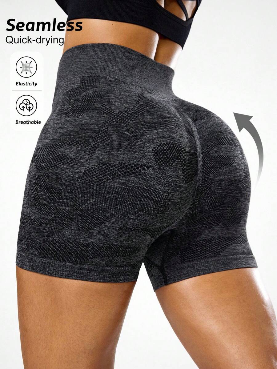 Seamluxe SHEIN Sport 女士黑色无缝紧身运动短裤，高腰提臀瑜伽短裤，四向弹力，适合工作、日常健身、跑步、健身房等场合。