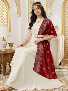 SHEIN Teen Girls Elegant White Summer Dress,Shawl Collar Traditional Pakistani Kaftan Abaya Sets,Sweet Waist Belt Puff Sleeve Civil Wedding Bride Gown - Multicolor - View 7