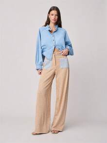 Nöista Quần ống rộng, cạp trung, họa tiết kẻ caro màu xanh dương tương phản ở túi và cạp quần. Thích hợp cho mùa xuân, hè. - Màu Khaki - Xem 5