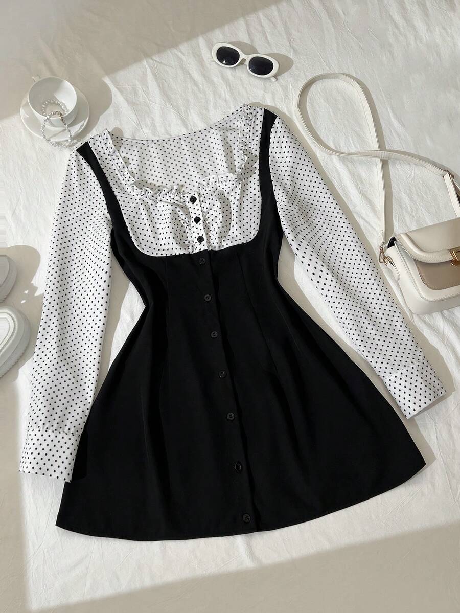 Elamini Women's Summer Dress - Y2K Retro Babe Style, Polka Dot, Waist-Cinching Long Sleeve, Valentine's Day Outfit, Casual Wear - Black and White - View 1