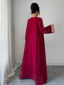 Elenzga Urban Chic New Women's Red Sleeveless Fitted Dress With Gold Ribbon, Loose Long Sleeve Maxi Cover Up, Suitable For Daily Wear, Weddings, Galas, Commute, Graduation Parties, Holidays, Dates, Parties, Halloween, Christmas, New Year, Thanksgiving, Wedding Guest Outfits - Red - View 2