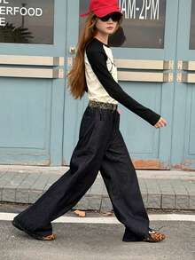 DAZY Teen Girl Leopard Print Slant Pocket Casual Jeans - Dark Wash - View 2