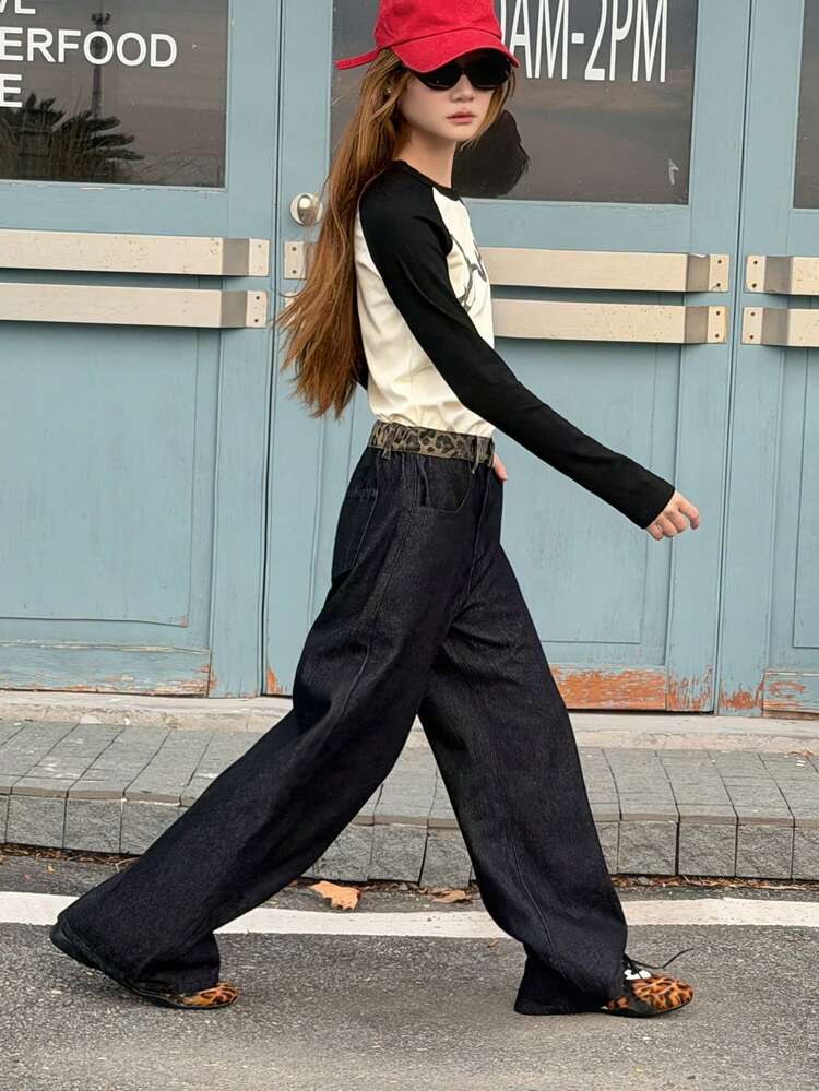 Teen Girl Leopard Print Slant Pocket Casual Jeans