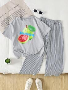 Tween-Mädchen Lässig Set aus Guave-Muster Rundhals Kurzarm T-Shirt und gestreifter Hose, Sommer - Hellgrau - Übersicht 1