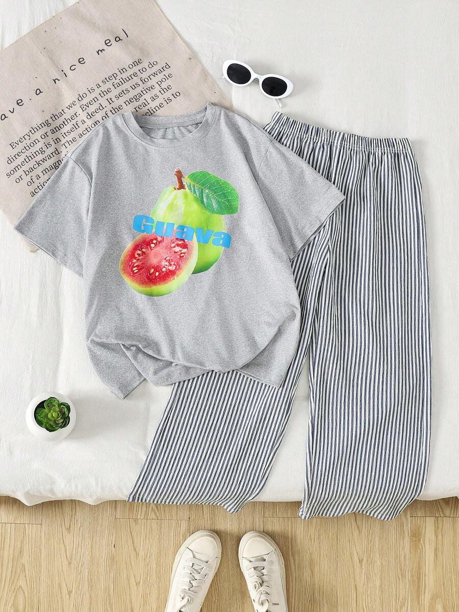Tween-Mädchen Lässig Set aus Guave-Muster Rundhals Kurzarm T-Shirt und gestreifter Hose, Sommer - Hellgrau - Übersicht 1