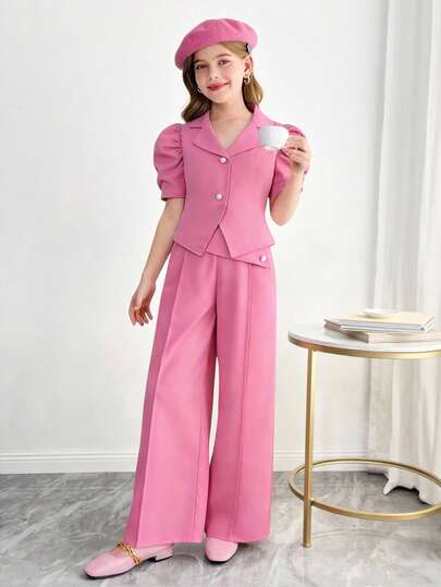 SHEIN 少女纯色短袖西装外套和腰部翻盖装饰纽扣裤套装